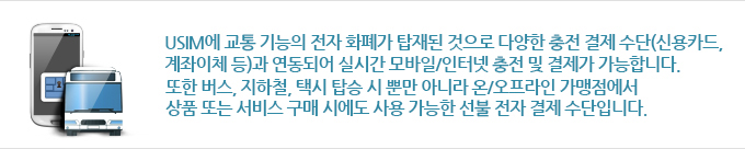 USIM에 교통 기능의 전자 화폐가 탑재된 것으로 다양한 충전 결제 수단(신용카드, 계좌이체 등)과 연동되어 실시간 모바일/인터넷 충전 및 결제가 가능합니다. 또한 버스, 지하철, 택시 탑승 시 뿐만 아니라  온/오프라인 가맹점에서 상품 또는 서비스 구매 시에도 사용 가능한 선불 전자 결제 수단입니다.