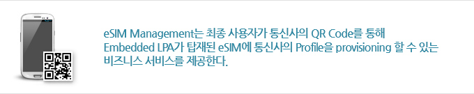 eSIM Management는 최종 사용자가 통신사의 QR Code를 통해
                    Embedded LPA가 탑재된 eSIM에 통신사의 Profile을 provisioning 할 수 있는
                    비즈니스 서비스를 제공한다.
                    
                    